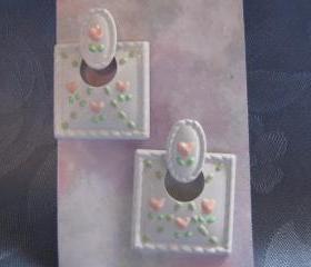 Square Vintage Earrings White Metal Pink Heart Green Accents