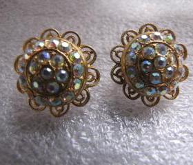 Vintage Aurora Borealis Goldtone Earrings Clips