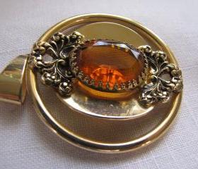 Large Topaz Rhinestone Pendant Goldtone